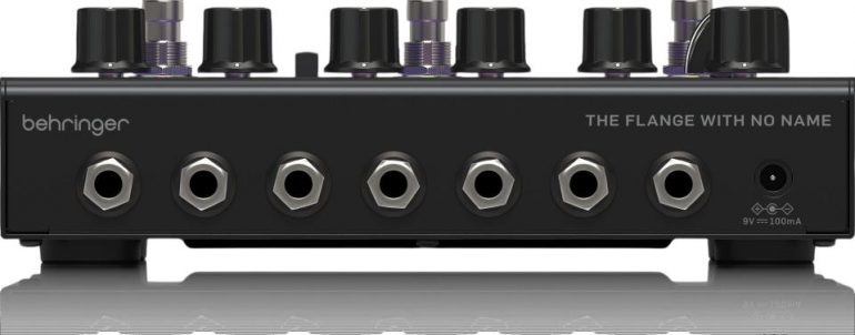 Behringer The Flange With No Name pedal featuring vintage 90s-inspired graphics, six control knobs, and four rotary switches on a robust metal enclosure.