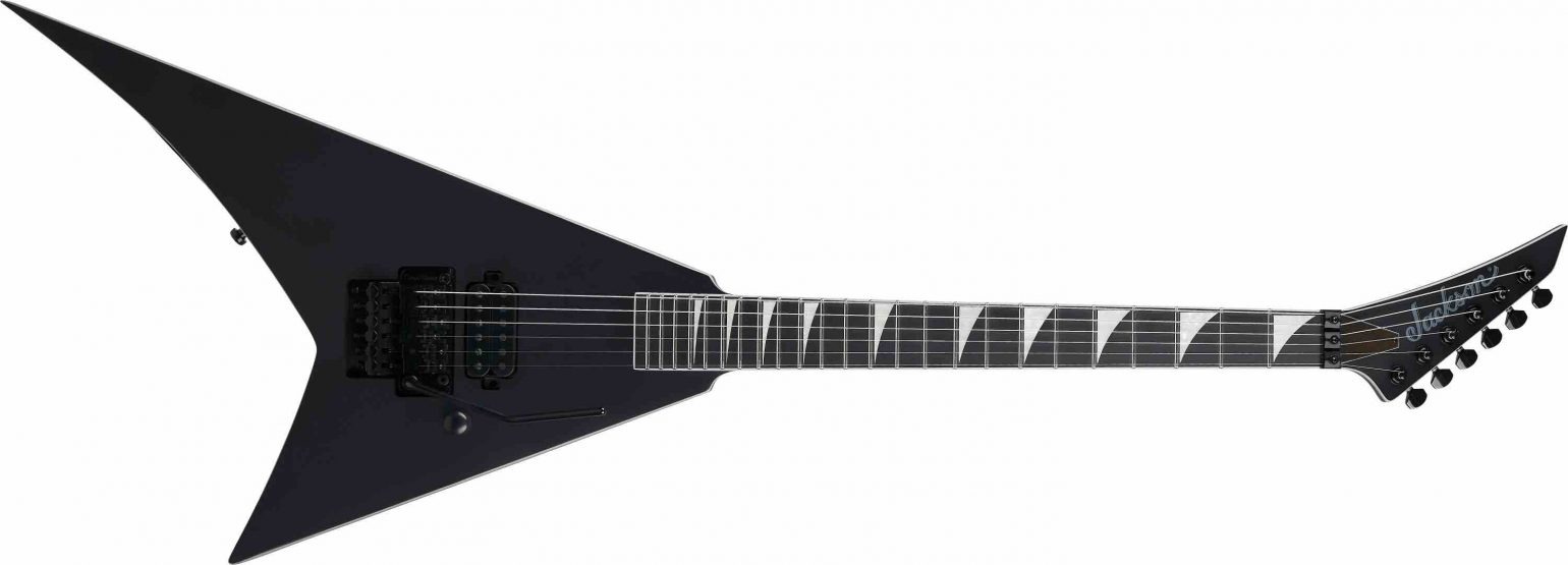 Jackson Pro Plus Pure Metal Stealth Rhoads RR1A V-shaped guitar with sharkfin inlays, stainless steel frets, and a three-piece maple neck-thru construction.