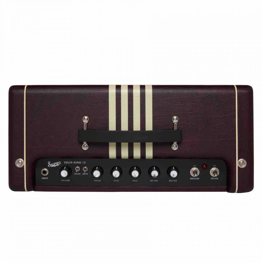 Supro Delta King 12 15-watt tube combo guitar amplifier in Burgundy and Cream finish featuring 12-inch DK12 speaker.