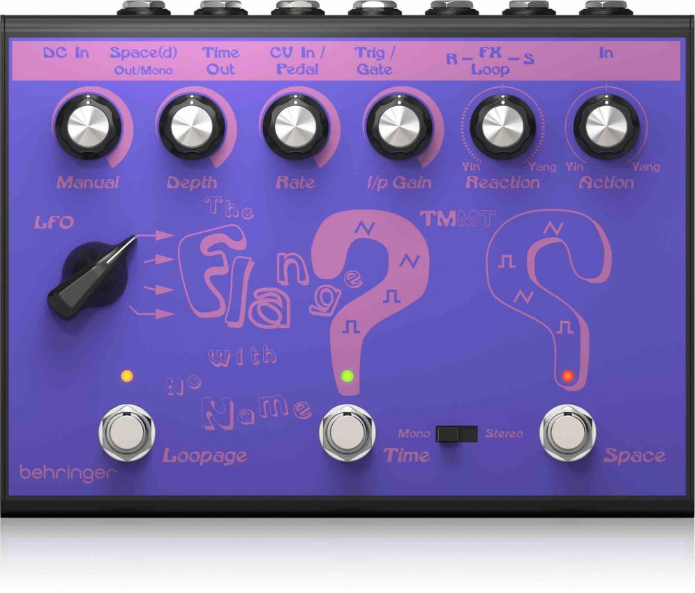 Behringer The Flange With No Name pedal featuring vintage 90s-inspired graphics, six control knobs, and four rotary switches on a robust metal enclosure.