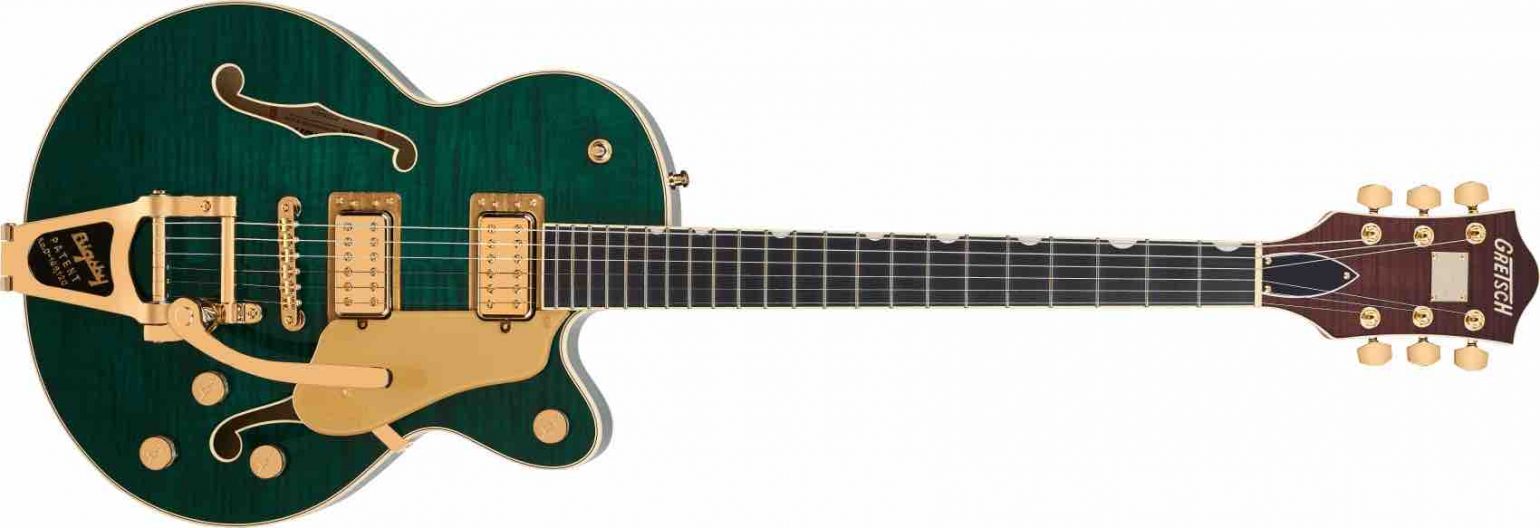 Gretsch Broadkaster Jr. LX Center Block guitar in Tropic Aura finish featuring a single-cutaway flame maple body.