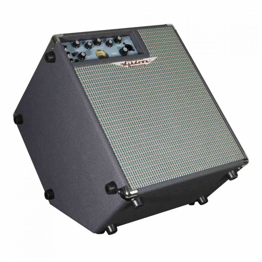 Ashdown UK-OBM lightweight bass combo amplifier in Ice Blue finish, featuring a handcrafted UK-built plywood enclosure and minimalist control layout.