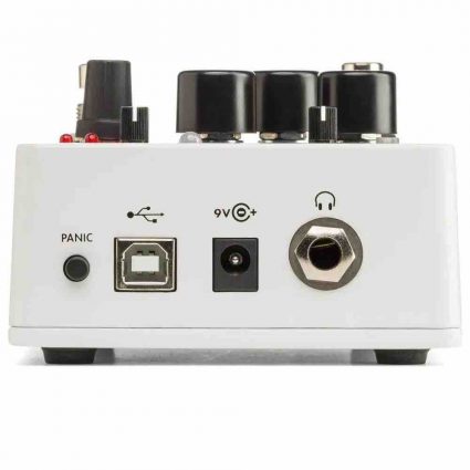 Top view of the Electro-Harmonix Big Muff Pi Hardware Plugin featuring Tone Wicker switch, presets button, and USB connectivity ports.