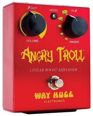 A vibrant red Way Huge Angry Troll boost pedal featuring two black knobs (Volume and Anger) and a metallic footswitch, set against a clean background to highlight its rugged aluminum chassis and iconic "Fists of Fury" graphic.