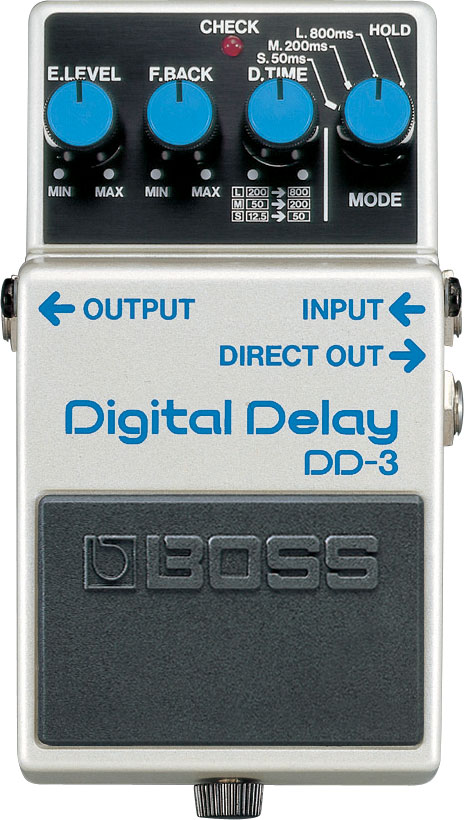 Top view of a classic BOSS DD-3 Digital Delay pedal showing the four white control knobs and blue 'Digital Delay' text.