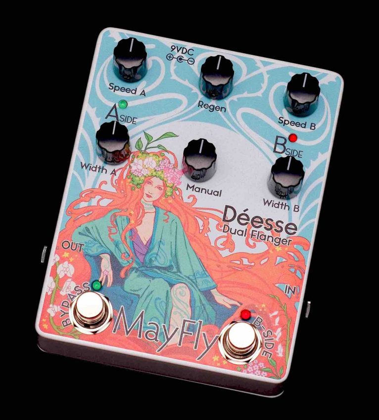 Top-down view of the MayFly Audio Déesse Dual Flanger pedal featuring boutique teal and gold artwork by Sabine Elliott, showcasing four control knobs for Speed and Width, global Manual and Regen controls, and dual footswitches for A/B side selection.