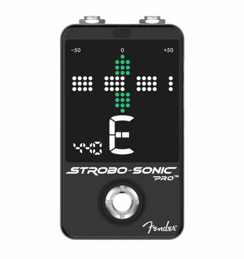 Fender Strobo-Sonic Pro Tuner Pedal in black showing the large 2.1-inch LED strobe display and aluminum enclosure.