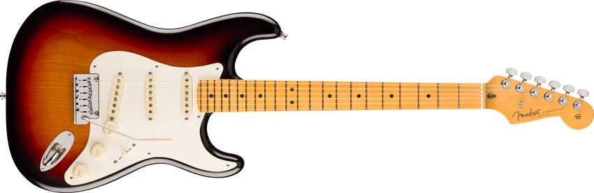 A classic Fender Stratocaster electric guitar showcasing its iconic contoured body design, sunburst finish, and white pickguard, representing the legal protection of its artistic shape.
