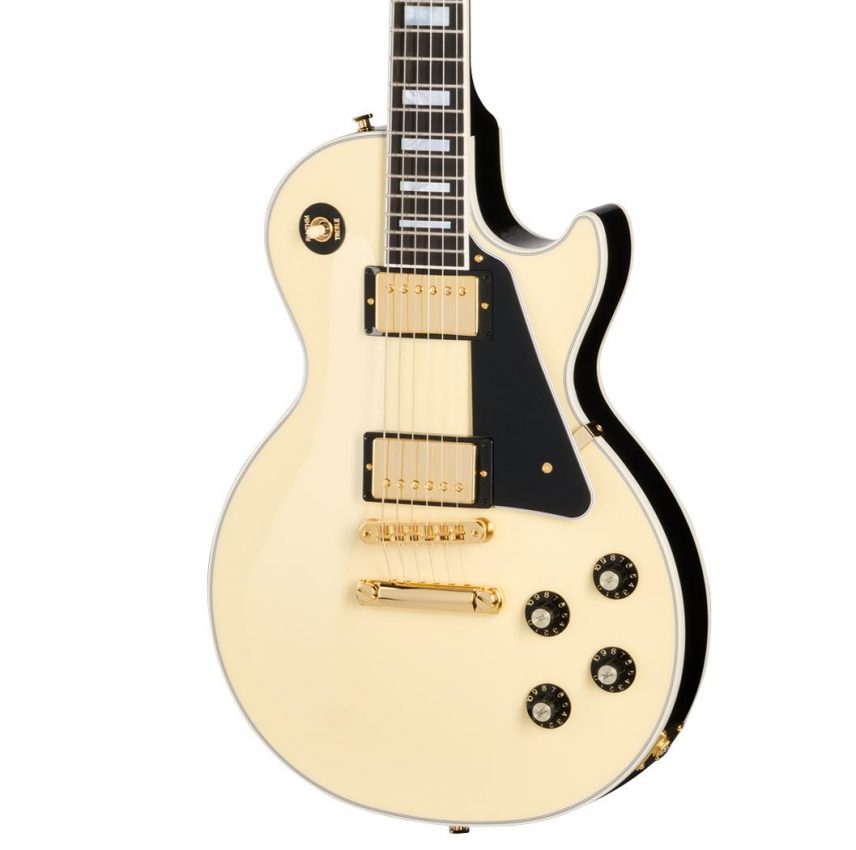 Gibson Les Paul Custom 70s electric guitar in Buttercream finish with gold hardware and ebony fingerboard.