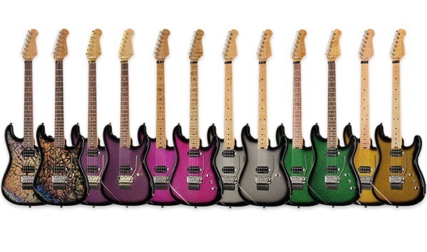 Group shot of Harley Benton ST-80FR MN and HH models in six new 80s-inspired sparkle finishes: Pink, Silver, Gold, Emerald, Amethyst, and Holographic.