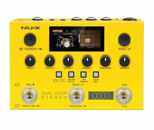 Top-down view of the NUX Dual Loop Stereo pedal featuring a high-resolution color LCD screen, six dedicated volume knobs, and three built-in footswitches on a yellow and black metal chassis