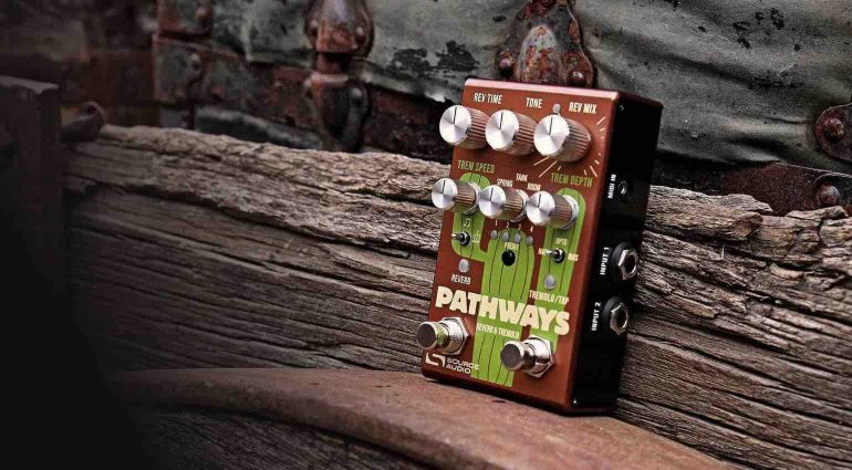 Top-down view of the Source Audio Pathways reverb and tremolo effects pedal, featuring dual footswitches, five main control knobs for Time, Tone, Mix, Speed, and Depth, and toggle switches for effect types and subdivisions.