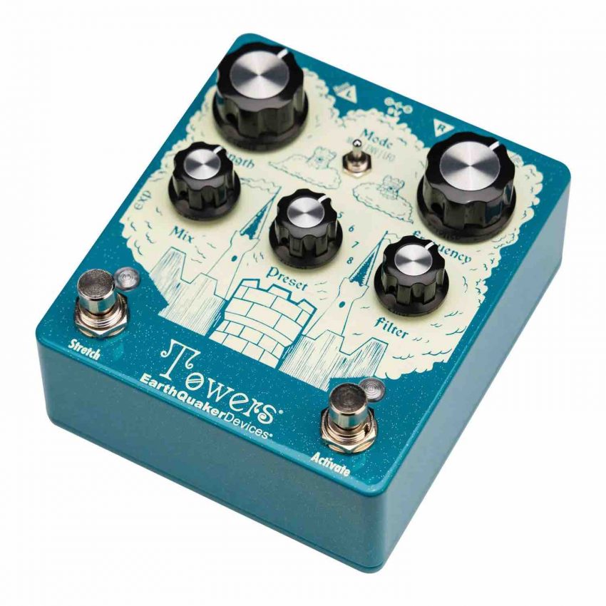 A top-down view of the EarthQuaker Devices Towers Stereo Reverberant Filter pedal, showing its four control knobs, two footswitches, and three-way mode toggle