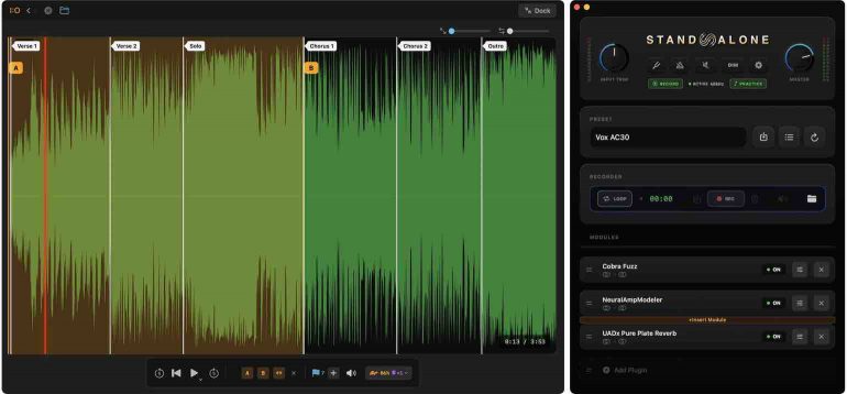 Standalone plugin host for Mac. A clean, focused AUv3 plugin hosting environment for macOS showing a simple recorder and low CPU usage stats.