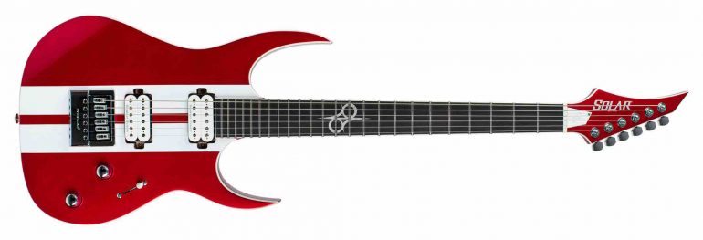 Solar Guitars S1.6RS CAR electric guitar in Candy Apple Red with white racing stripes, featuring EverTune bridge and Seymour Duncan pickups.