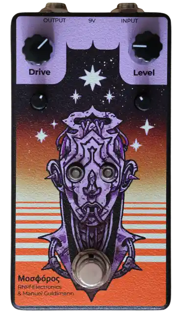 Top-down view of the RhPf Electronics Mosphoros overdrive pedal, featuring a boutique matte black sand-textured 125B enclosure with four cream-colored Davies-style knobs labeled Drive, Level, Bass, and Treble, top-mounted jacks, and a white minimalist graphic of a winged figure.