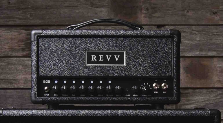 Revv G25 25-watt tube amplifier head in a compact black Tolex shell, featuring front-panel controls for gain, EQ, and Two notes virtual cabinet selection.