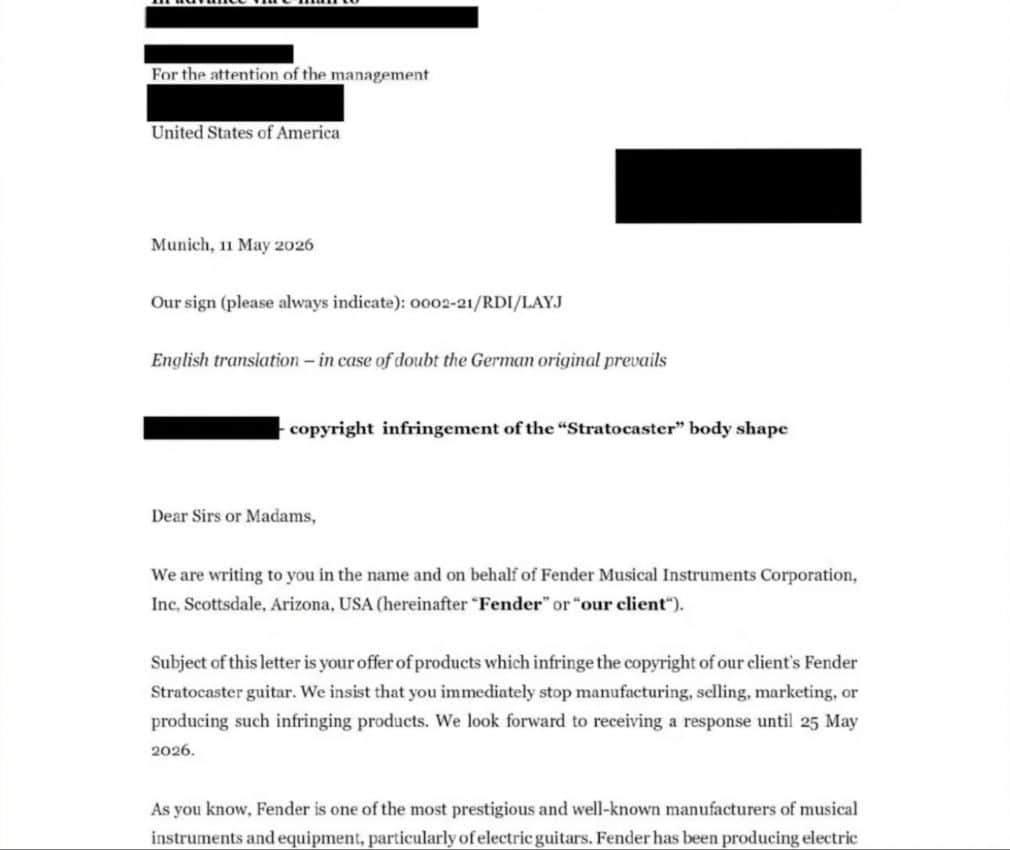 Fender has sent a letter of legal demands to builders