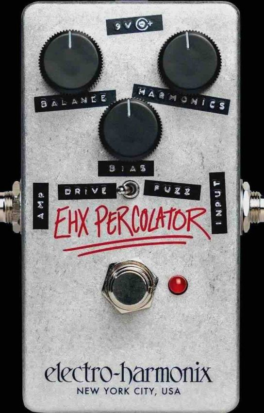 Leaked product photo of the Electro-Harmonix EHX Percolator fuzz overdrive pedal showing its four control knobs, toggle switch, and vintage label-maker style graphics.