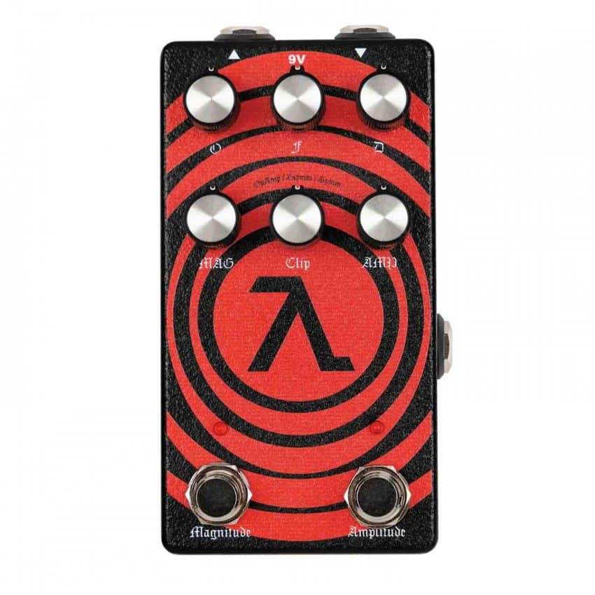 Top-down view of the EQD HalfLife pedal showing Amplitude, Octave, Filter, Distortion, and Magnitude controls.