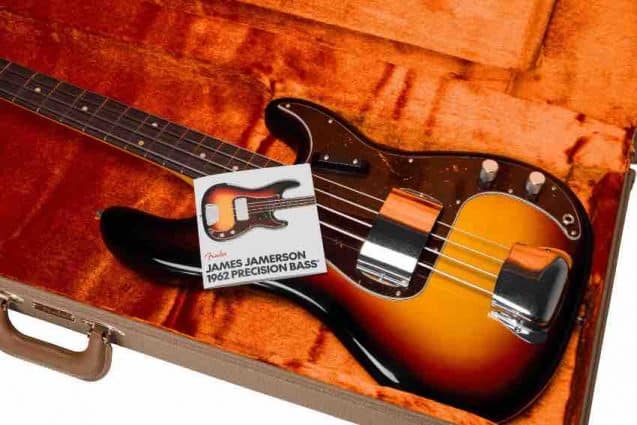Fender James Jamerson 1962 Precision Bass in 3-Tone Sunburst with vintage-style brown hardshell