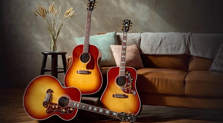 Gibson Rosewood Burst Standards Gibson acoustic guitars Rosewood acoustic guitars J-45 Standard Hummingbird Standard SJ-200 Standard Premium acoustic guitars Solid wood guitars LR Baggs electronics